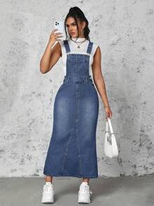Women Casual Denim Strap Dress, Loose Comfortable Multifunctional Long Dress With Multiple Buttons And Detachable Straps, Versatile And Slimming