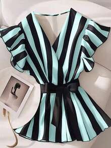 Sommerkleidung für Damen, französische Damenbekleidung, lässiges, kurzärmliges, gestreiftes Sommerhemd mit V-Ausschnitt, modisches, damenhaftes, tailliertes und elegantes Hemd mit Hutärmeldesign, damenhafte, modische Kleidung, süßes und elegantes Hemd zum Ausgehen, elegante Sommerkleidung für Damen, Damenoberteil zum 4. Juli - Grün - Übersicht 1