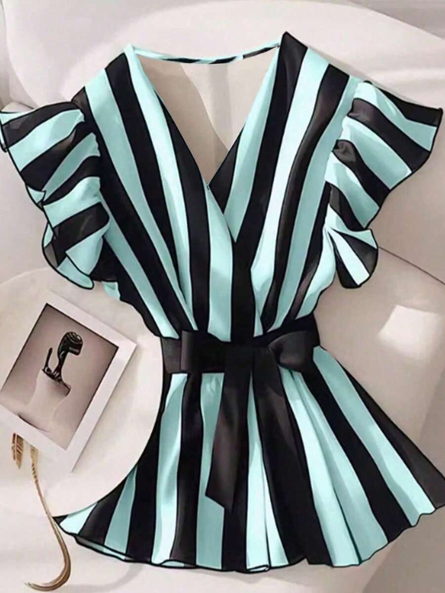 Sommerkleidung für Damen, französische Damenbekleidung, lässiges, kurzärmliges, gestreiftes Sommerhemd mit V-Ausschnitt, modisches, damenhaftes, tailliertes und elegantes Hemd mit Hutärmeldesign, damenhafte, modische Kleidung, süßes und elegantes Hemd zum Ausgehen, elegante Sommerkleidung für Damen, Damenoberteil zum 4. Juli - Grün - Übersicht 1