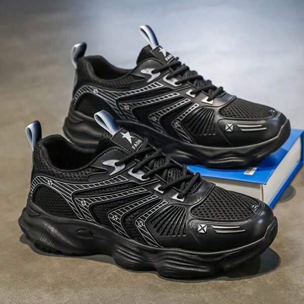 2025 New Men's Casual Mesh Sneakers, Thick Sole Elevator Height Increase, Durable Non-Slip Cushioned Soft Lightweight Round Toe Lace-Up, Suitable For Students, Campus, Versatile, Outdoor, Work Commute, Travel, Hiking, Running, Fitness, Retro Chunky Sneakers