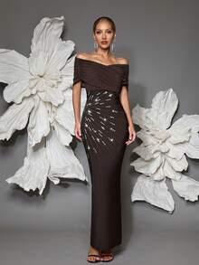 Off Shoulder Handmade Beaded Bodycon Bandage Dress, Sexy & Fitted, Suitable For Family Gatherings, Parties, Formal Events - Coffee Brown - View 1