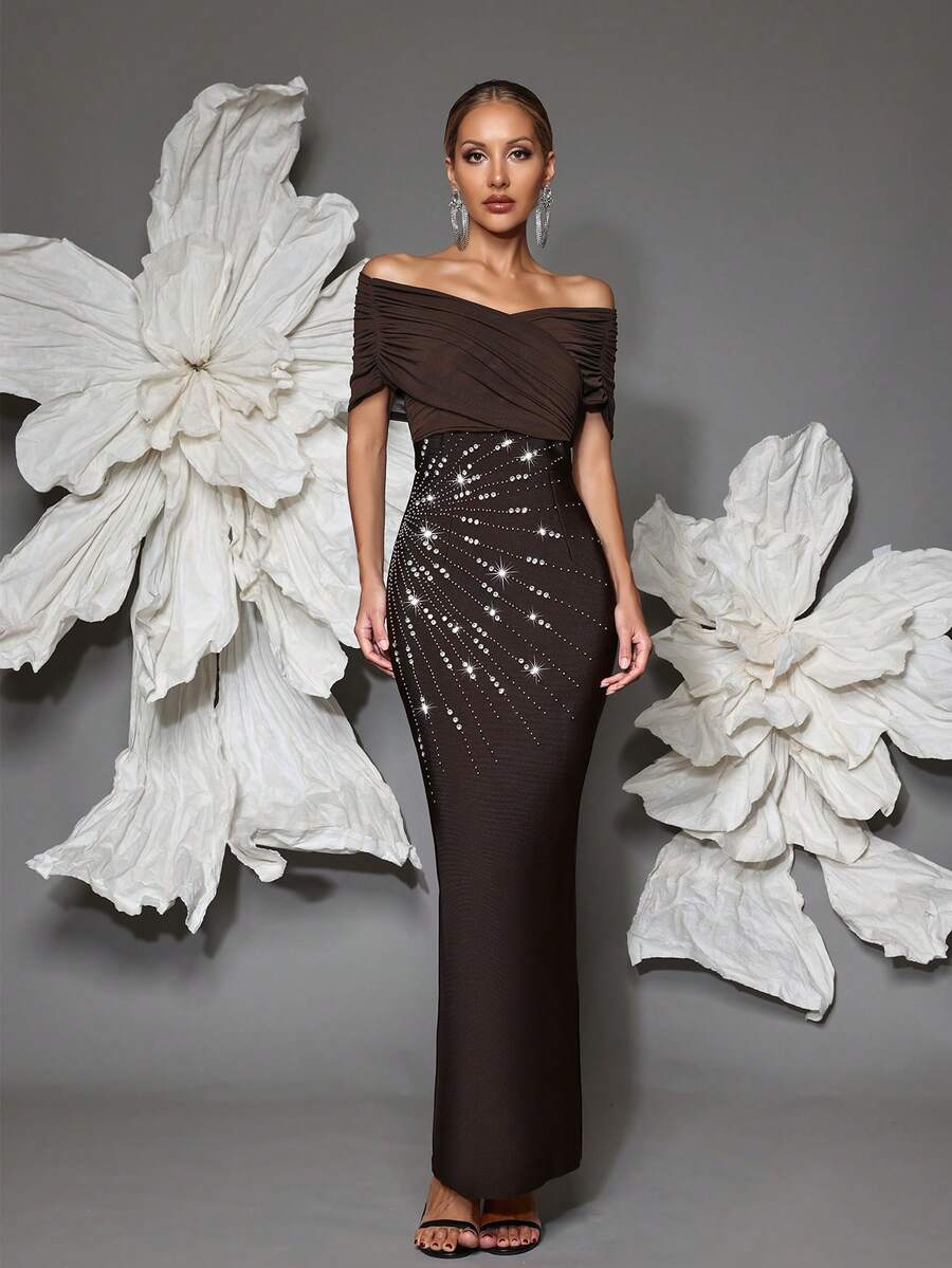 Off Shoulder Handmade Beaded Bodycon Bandage Dress, Sexy & Fitted, Suitable For Family Gatherings, Parties, Formal Events - Coffee Brown - View 1