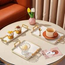 1pc Elegant Gold-Rimmed PS Plastic Tray Set - Multipurpose Rectangular Trays Suitable For Kitchen, Dining Room, Living Room - Great For Tea, Snacks, Candy, Bread - Perfect For Weddings, Gifts, Birthday Events