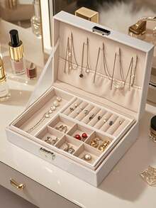 1-częściowe pudełko na biżuterię, duża pojemność, dwuwarstwowe, wodoodporne pudełko do przechowywania biżuterii z PU, z zamkiem, miękka wyściółka, odpowiednie dla kobiet, dziewcząt, mężczyzn, nowoczesny styl, świetny prezent dla kobiet, matek, nauczycieli, składane, prostokątne pudełko na biżuterię z szufladą - wielobarwność - Zobacz 5