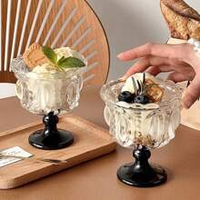 Taza de cristal retro con relieve, copa para postre de yogur con pie alto, taza de café estilo europeo antiguo y creativa