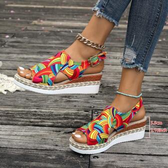 Women's Colorful Graffiti Adjustable Heel Wedge Sandals - Women's Slip On Canvas Platform High Heel Sandals - Woven Detail, Suitable For Beach Outings
