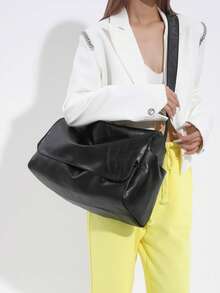 复古 PU 皮革斜挎包，大容量单肩包，纯色女士手提包，学生背包，旅行包，妈咪包 - 黑色 - 查看 3