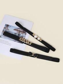 1/3pcs Women Elastic Waist Cincher, Pearl Buckle Skinny Waist Belt, Bow Tie Elastic Waistband, Fashion Versatile Waist Belt For Dress, Sweater, Jacket, Women Alloy Buckle Waist Belt