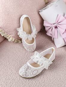 1 Pair Flower Decorated Princess Flat Canvas Shoes For Girls, Comfortable Student Outdoor/Dance Shoes, Lace White Wedding Shoes - White - View 3