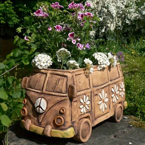 1 Stück Mini Vintage Hippie Stil Harz Blumentopf, Innen-/Außen-dekorativer kreativer Pflanzgefäß, multifunktionale Raumdekoration, Auto Modell, Garten Dekoration, Schreibtisch Pflanzgefäß