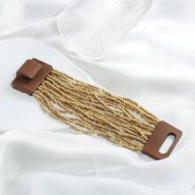 1pc New Geometric Wooden Block Clasp Elastic Multilayer Faux Pearl Beads Bracelet, Bohemian Women Jewelry