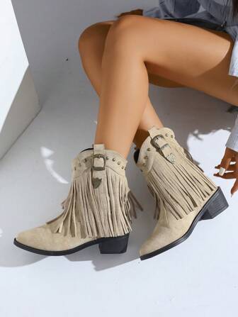 女式复古西部短靴 - 纯色，尖头，厚底粗跟，铆钉和流苏装饰，一脚蹬，舒适，适合所有季节，休闲风格