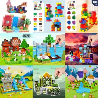 Ensemble de blocs de construction magnétiques - Jouets STEM pour enfants, cube sensoriel, construis mon monde magnétique, cadeau d'anniversaire, convient pour Halloween et Noël (couleur/motif/style aléatoire)