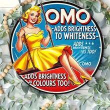 2D Flat - 1 Piece Vintage OMO Metal Sign, 8.0x8.0 Inch Round Retro Iron Plate, 1950s Advertising Element, Nostalgic Home Decor For Kitchen, Bathroom, Laundry Room, Dining Room, Bar, Cafe - Classic Distressed Yellow, No Electricity Needed, Rustic Decor | Vintage Metal Sign | Bold Font, Metal Wall Art Decor, Random Hole Style