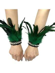 1 Pair Feather & Pearl Cuff Fingerless Gloves, European Style Bracelet Sleeves Costume Accessories Suitable For Halloween, Carnival Events