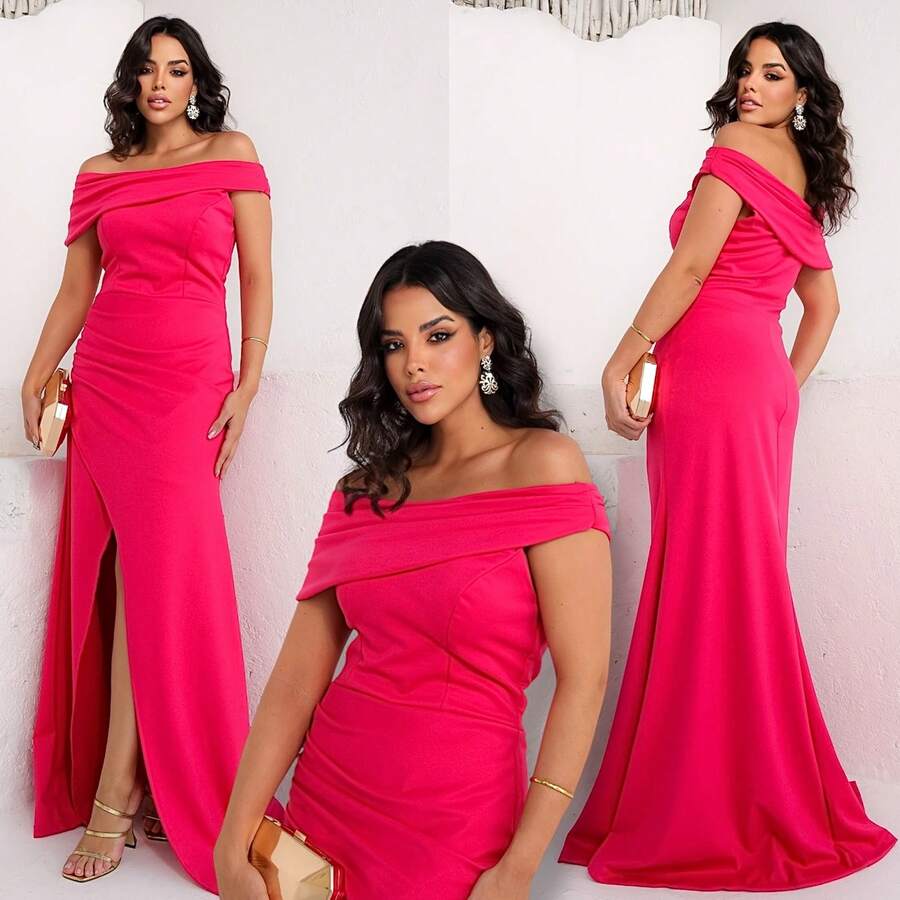 Long Sleeve Mule Dress With Front Slit - Party / Bridesmaid / Wedding / Graduation / Civil Bride - 玫紅色 - 查看 1