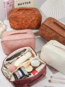 1Pc Pu Leather Makeup Bag Large Capacity Spacious Double Layer Makeup Bag Waterproof PU Leather Cosmetic Bag, Portable Toiletry Bag, Waterproof PU Skincare Pouch, Cosmetic Organizer Bag, PU Leather Waterproof Makeup Pouch, Lightweight Toiletry Bag With Compartments, Big Capacity Travel Makeup Storage Bag, Multi-Functional Travel Organizer Bag, Home & Travel Cosmetic Bag With Divider And Handletravel Essentials For Vacation Summer Holiday Back To School School Stuff Bag For School Travel Bag For Women Makeup Bag For Travel