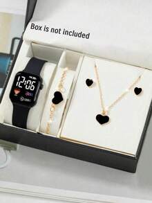 5/1 Pieces Of Cute Girl Square Silicone Digital Display Electronic Watch Paired With Heart-Shaped Bracelet, Necklace And Earrings, Suitable For Parties, Vacation Supplies, Vacation Outfits, Back To School And To Buy Gifts For Friends And Relatives