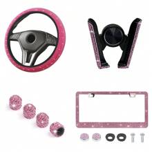 Conjunto de 4 Peças de Acessórios de Carro com Diamantes, Volante de Carro com Diamantes, Suporte de Telefone com Diamantes, Conjunto de Acessórios Internos de Válvula de Corrida com Diamantes, Conjunto de Acessórios de Carro Cintilantes com Diamantes