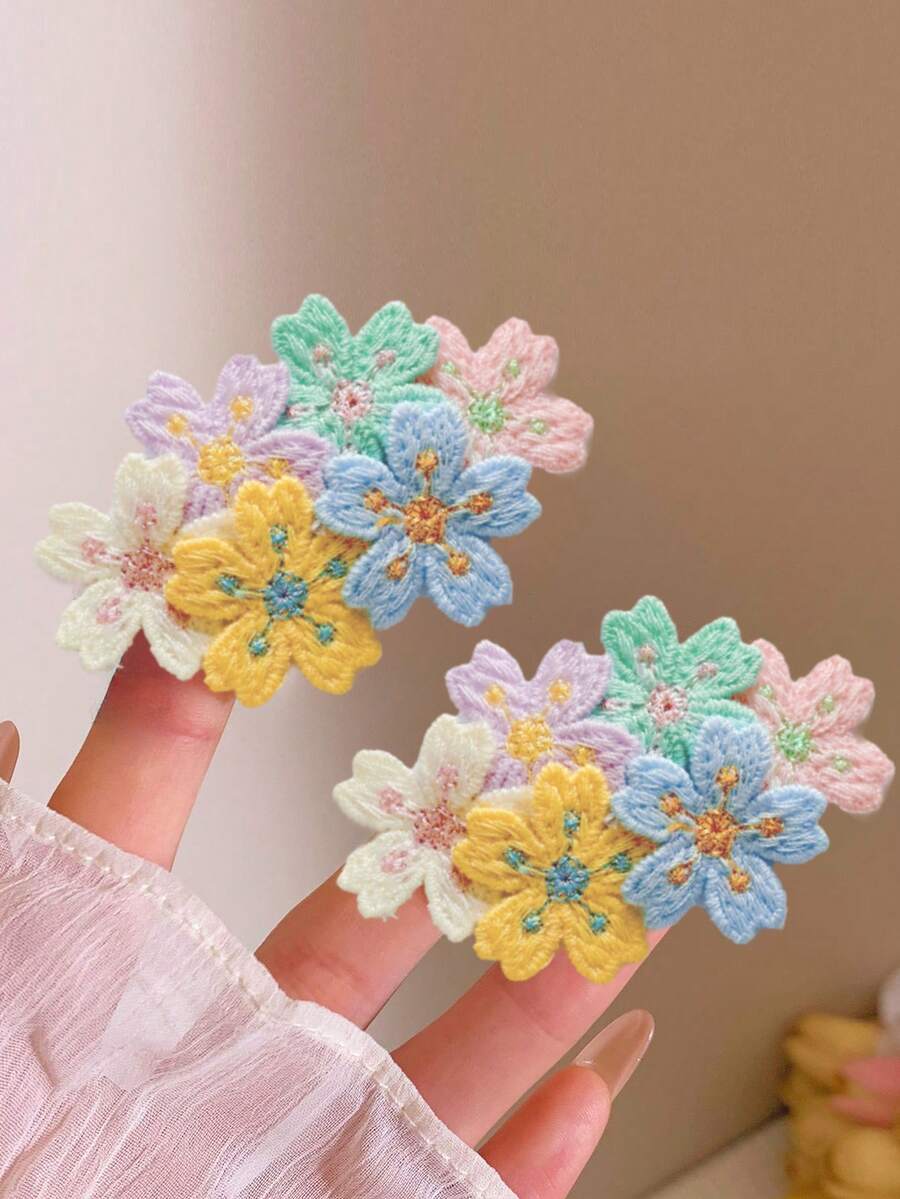4个针织刺绣纯色花朵发夹,温柔优雅发夹,适合上学、度假等场合,发饰,头饰 - 彩色款4個 - 查看 1