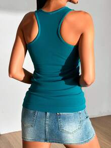 Camiseta de tirante ancho casual para mujer, tela de poliéster y elastano, ideal para temporadas de primavera y verano. Diseño ajustado, cuello redondo, sin manga, muy ligera y cómoda. - Agua verde azul - Ver 3