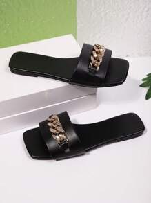 Women's Casual Square Toe Chain Buckle Slippers, Casual Shiny Lightweight Women Flat Sandals