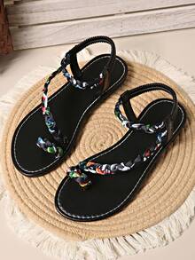 New Summer Women Sandals Beach Vacation Flip Flops Slip-On Square Toe Woven Fashion Casual Bohemian Woven Casual Sandals Beach Vacation Outdoor All Season - Black - View 7