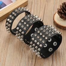 Brazalete de cuero negro exagerado con remaches, brazalete de remaches con picos, brazalete gótico punk de motocicleta, brazalete de cuero ancho, brazalete de puño, brazalete de hebilla metálica, unisex - Negro - Ver 9