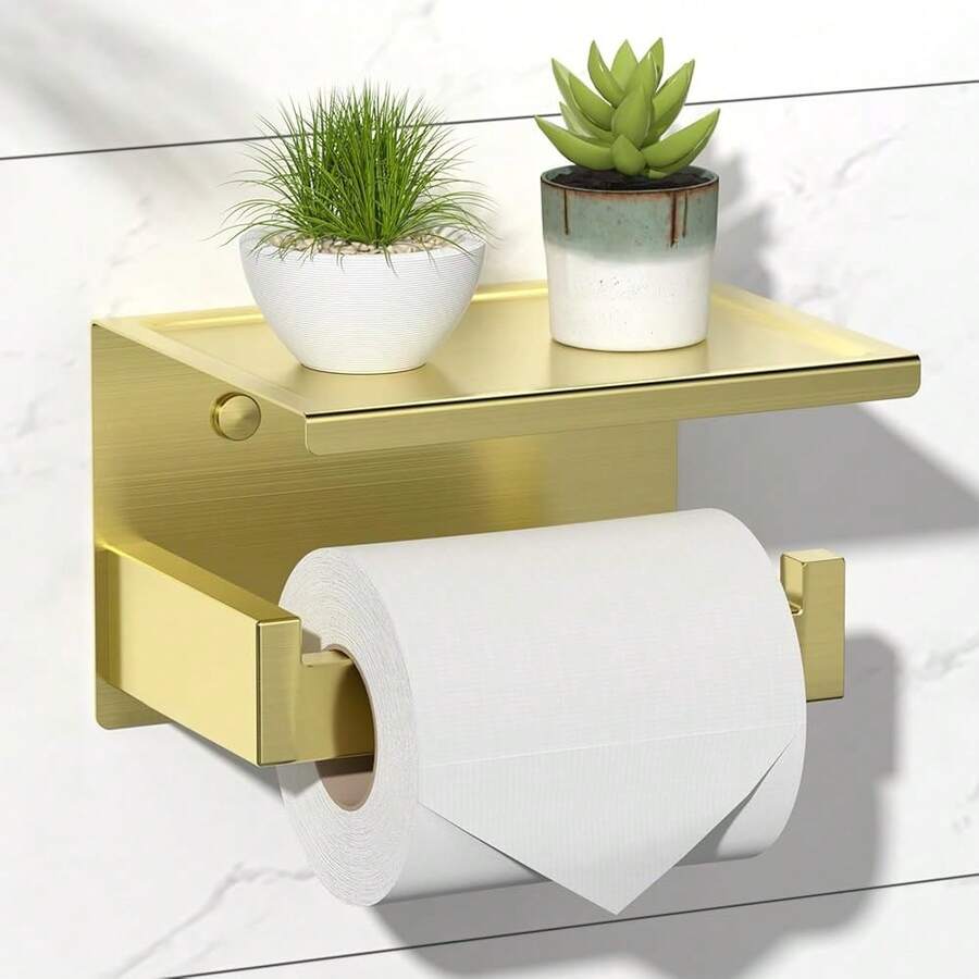 New Gold Toilet Paper Holder, Stick On Brushed Brass Toilet Paper Holder Shelf, Self Adhive No Drill Or Wall-Mount Screws For Bathroom - 拉絲黃銅架子 - 查看 1