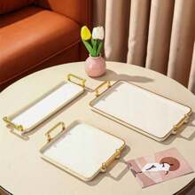1pc Elegant Gold-Rimmed PS Plastic Tray Set - Multipurpose Rectangular Trays Suitable For Kitchen, Dining Room, Living Room - Great For Tea, Snacks, Candy, Bread - Perfect For Weddings, Gifts, Birthday Events