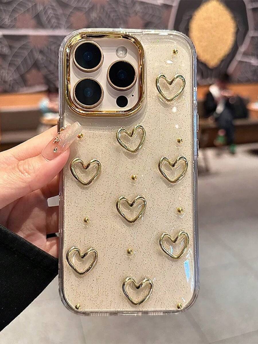 环氧树脂 3D 仿珍珠心形 16E/15 手机壳，透明硬壳适用于 Apple 14/13 Pro Max，高端优雅银色，韩版风格，适合女性防水防震防摔防刮 - 金色 - 查看 1
