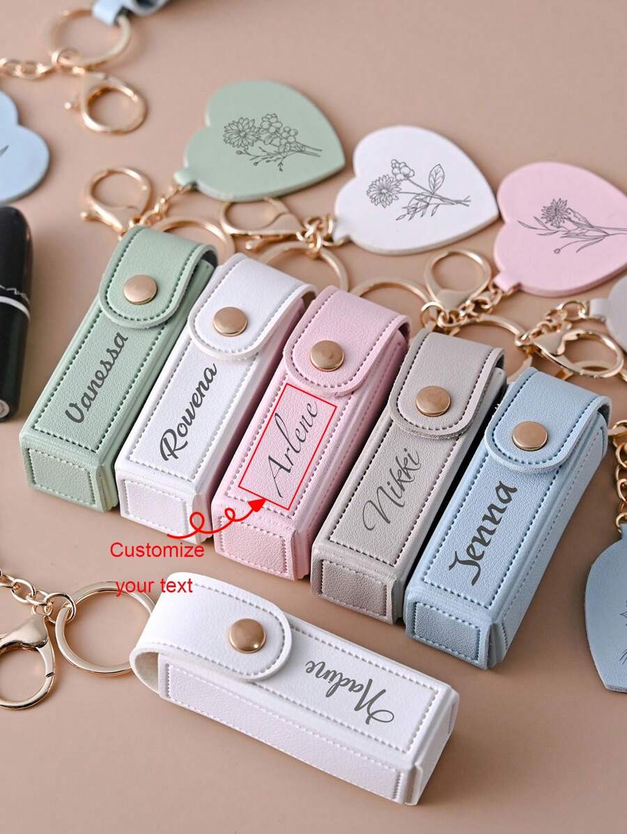 Customized Text Portable Lipstick Case With Heart Shaped Mirror, Cute Minimalist Keychain