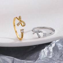1pc Adjustable Copper Micro Inlaid Zirconia Stone Bow Design Ring, Suitable For Women Daily Wear - Silver - View 2