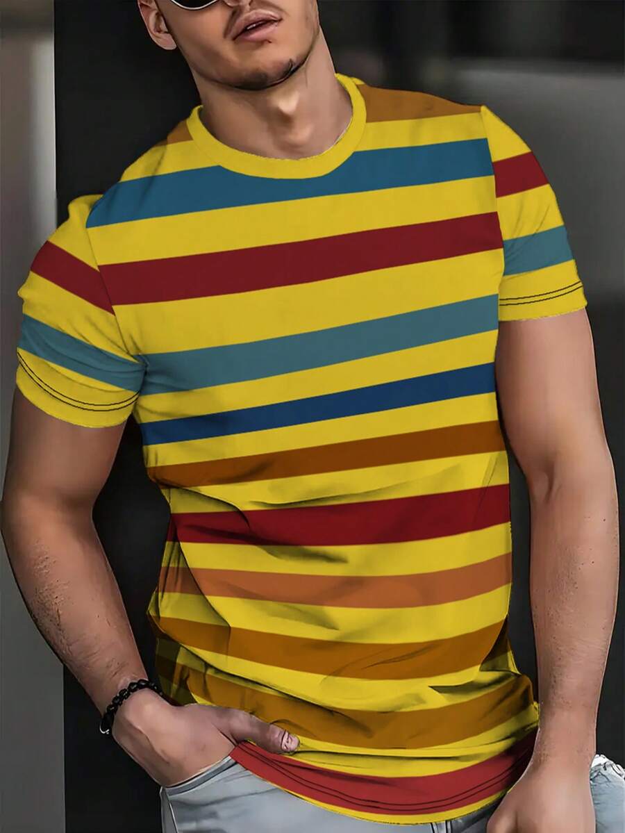 2025 Vintage Striped Digital Print Pattern Men's Round Neck Mesh Fabric Short Sleeve T-Shirt, Street Style - Yellow - View 1