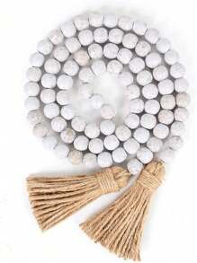 1pc Wood Bead Garland With Tassels, Home Decor, Natural Wooden Bead Garland, Perfect For Primitives, Room Decor, Country,Vintage Art, Home And Outdoor Decorations,Farmhouse Style Decor, It's A Nice Add To Decorate A Coffee Table