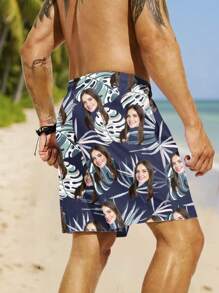 Customized Plus Size Men's Beach Shorts - Casual Swim Trunks With Drawstring Waist, Printed With Photos, Fun Birthday Gift For Boyfriend Or Partner