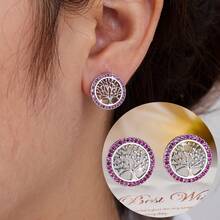 1pair Classic Round Hoop Earrings With Tree Shaped Zirconia Inlay, Suitable For Women's Daily Wear - Gold - View 6