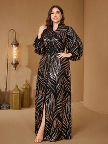 SUPGIR Plus Size V-Neck Lantern Sleeve Sequin Formal Evening Gown, Party Dress, Wedding Guest Dress, Maxi Dress, Autumn Women Clothing Vacation - Gold - View 4