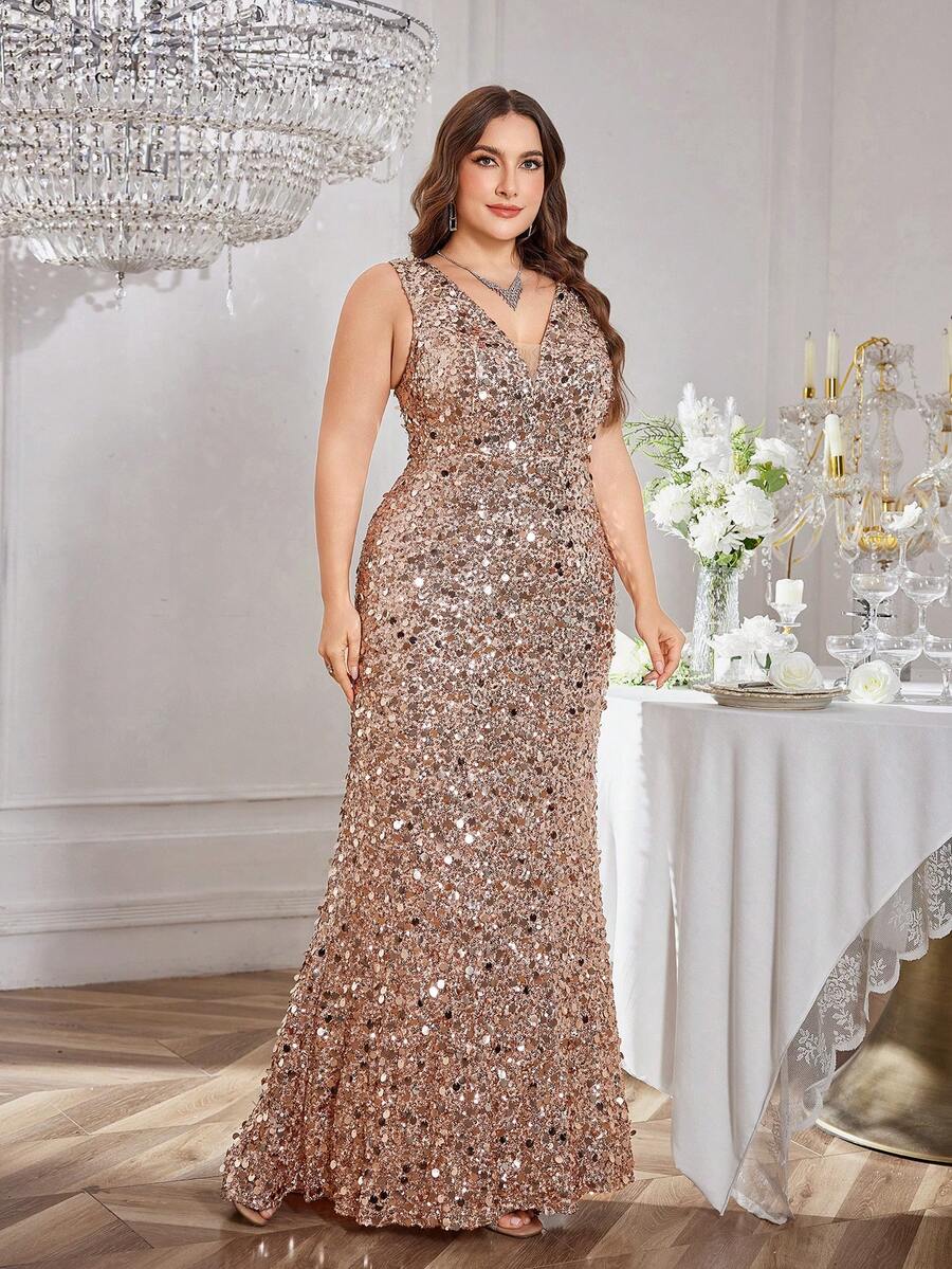 UNITHORSE Vestido de fiesta de noche de escote profundo sin mangas con decoración de lentejuelas brillantes - Champán - Ver 1