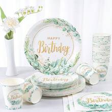 Green Botanical "Happy Birthday" Disposable Plates & Napkins, 7/9 Inch Botanical Happy Birthday Disposable Plates & Napkins & Cups Set, Botanical Disposable Paper Plate & Napkins For Birthday Party, Picnic, Gathering Decor - Multicolor - View 4