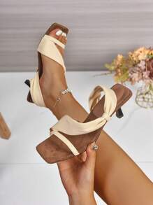 1 Pair Sexy, Fashionable, Versatile, New Style Strap High Heel Sandals In Beige, Black And Red With Invisible Bow Design