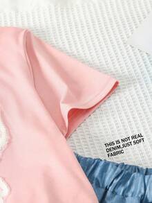 两件套少女休闲蝴蝶印花短袖上衣和直筒裤套装