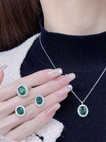 4pcs/Set Rectangle Rhinestone Stud Earrings, Necklace And Ring Set, Elegant Luxury Style Delicate Gift For Women - Green - View 7