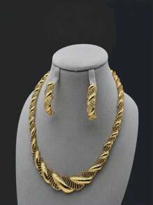 3pcs/Set Elegant Fashionable Gold Leaf Hollow Necklace & Earring Jewelry Set, Suitable For Christmas, Valentine's Day, Mother's Day, Thanksgiving, Teacher's Day, Wedding Anniversary, Wedding Party, Bride Jewelry