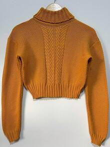 Women's Knitted Crop Top With Long Sleeves And Weaves. - Mù tạt - Xem 2