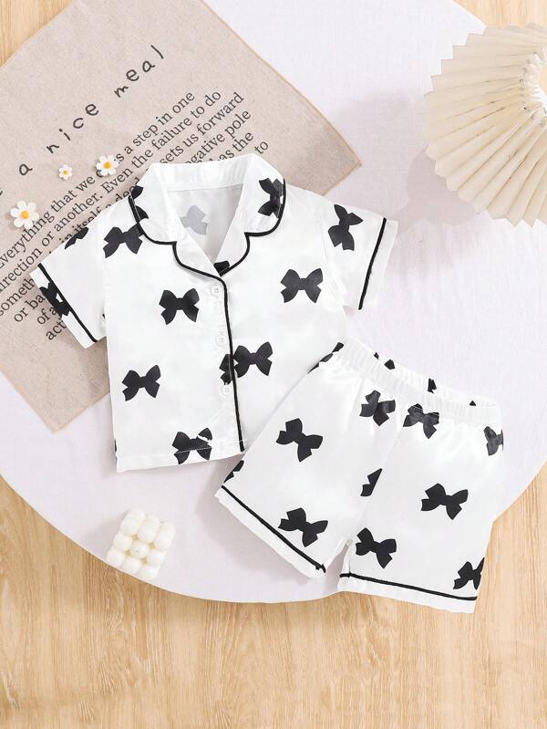 Baby Girls Bow Print Short Sleeve Top And Shorts Set, Spring/Summer