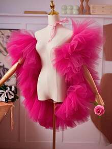 Vestido de noche transparente multicolor para la novia, chal de tul para eventos, accesorio para sesión de fotos, ropa de otoño para mujer - Rosa Fucsia - Ver 5