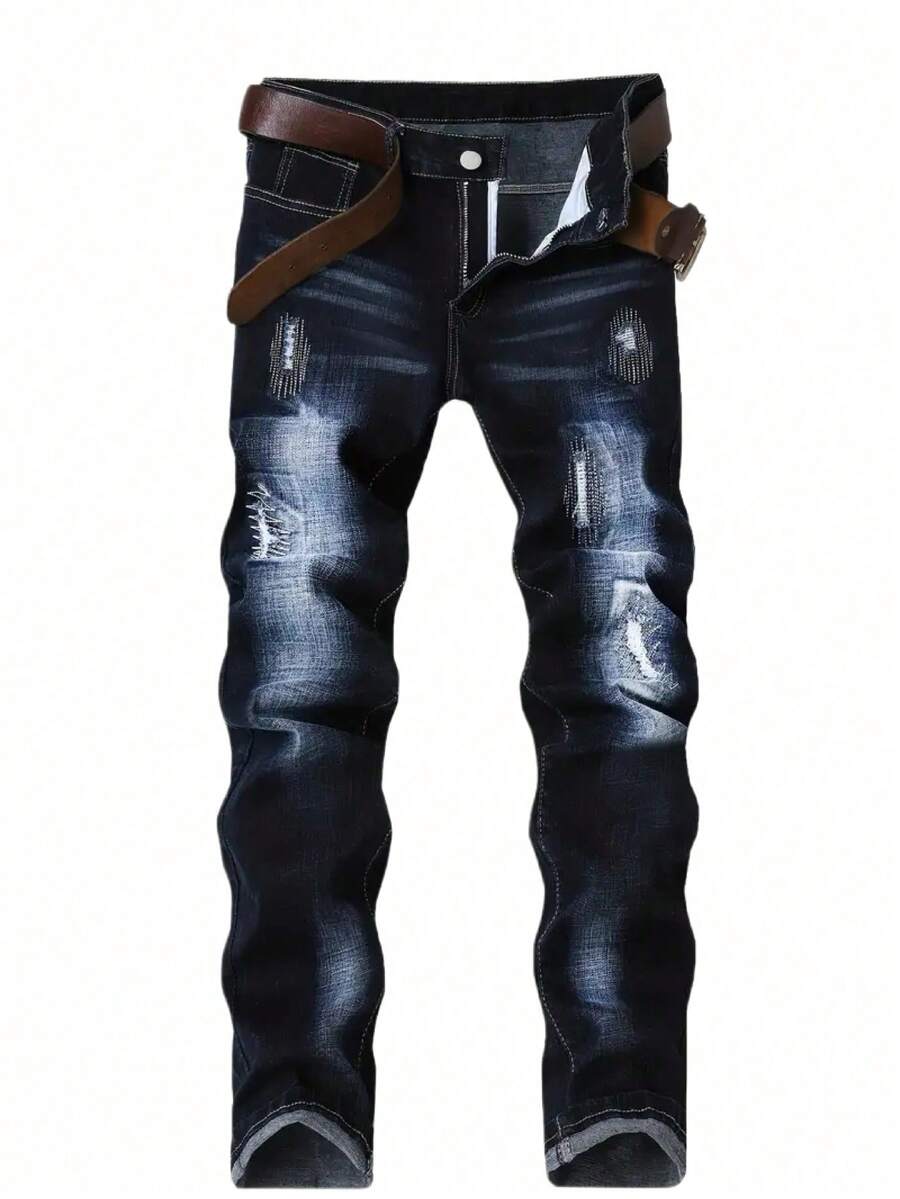 Men's Fashion Embroidered Jeans - Dark Wash - View 1