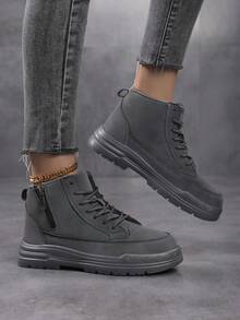Ladies Hiking Boots 2025 New Model, Suitable For All Seasons, Thick Sole, Anti-Slip, Wear-Resistant High-Top PU Leather Waterproof Oil-Proof Riding Boots, Fashion Versatile Solid Color High-Top Side Zipper Soft Comfortable Ladies Ankle Boots, Casual Outdoor Street Style Ladies Leather Boots