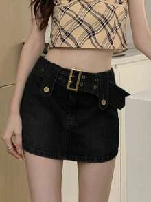 垃圾摇滚弧形下摆牛仔裙（配可拆卸腰带）（夏季） - 黑色 - 查看 1